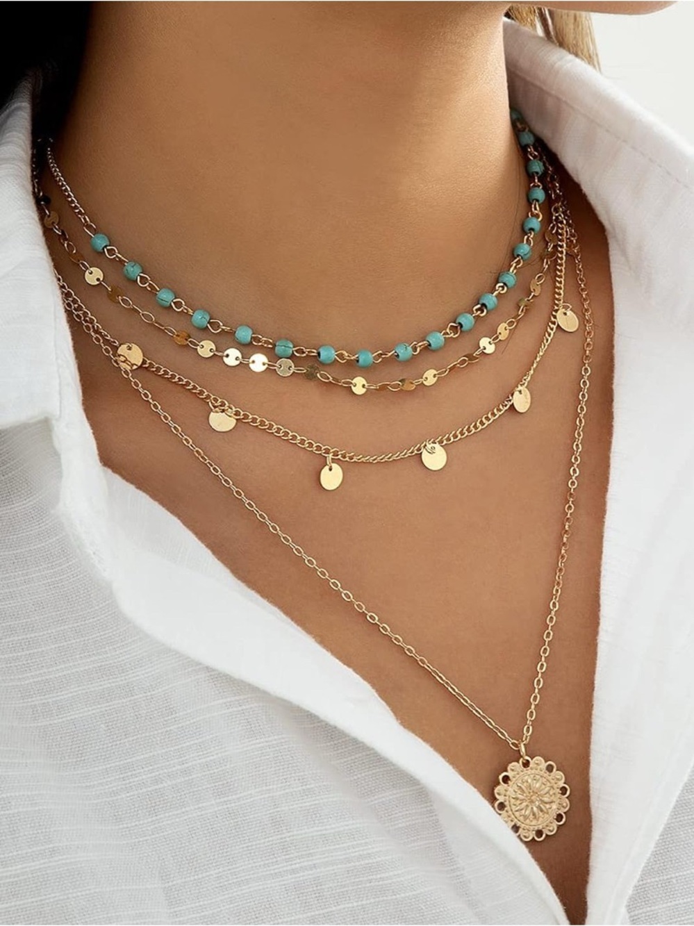 14K Gold Plated Layered Y Turquoise Bead Necklace Set